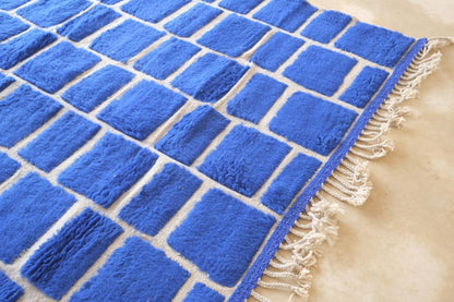 2020s Moroccan Blue Checkered Wool Rug 8.1 x 7.2 ft / 248 x 220 cm - Surcoma