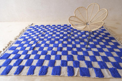 Moroccan Blue Checkered Wool Rug 9.5 x 7.3 ft / 289 x 225 cm - Surcoma