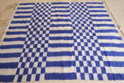 Moroccan Blue Geometric Wool Rug 9.3 x 7.2 ft / 283 x 220 cm - Surcoma