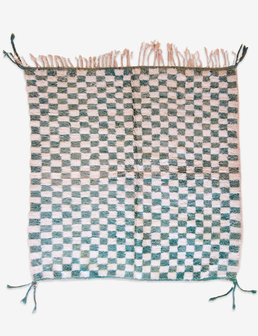 Green Checkered Wool Rug 7 x 6.3 ft / 212 x 193 cm