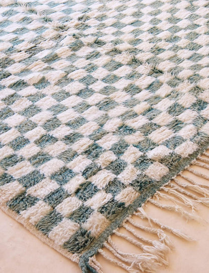 Green Checkered Wool Rug 7 x 6.3 ft / 212 x 193 cm
