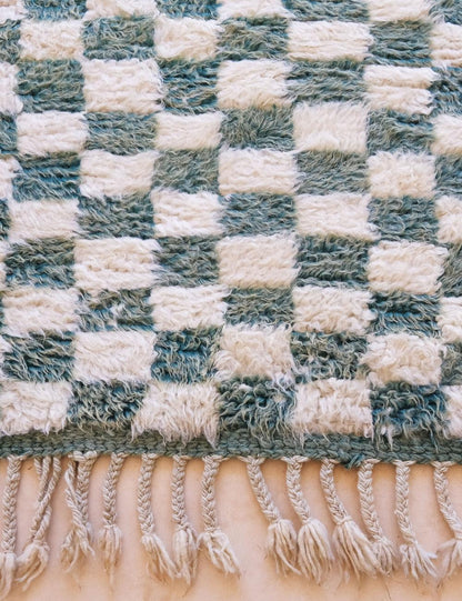 Green Checkered Wool Rug 7 x 6.3 ft / 212 x 193 cm