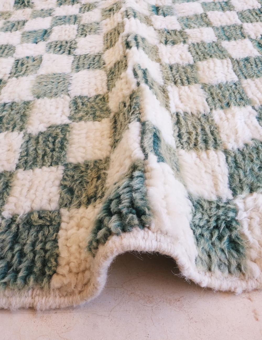 Green Checkered Wool Rug 7 x 6.3 ft / 212 x 193 cm