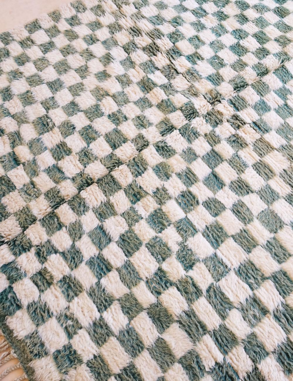 Green Checkered Wool Rug 7 x 6.3 ft / 212 x 193 cm