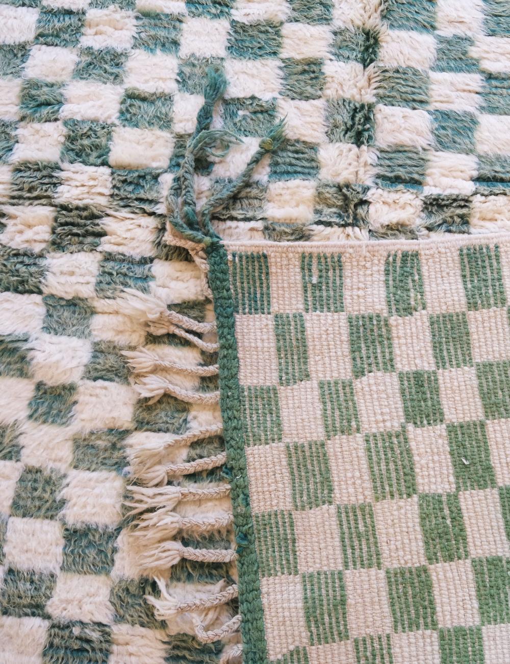Green Checkered Wool Rug 7 x 6.3 ft / 212 x 193 cm