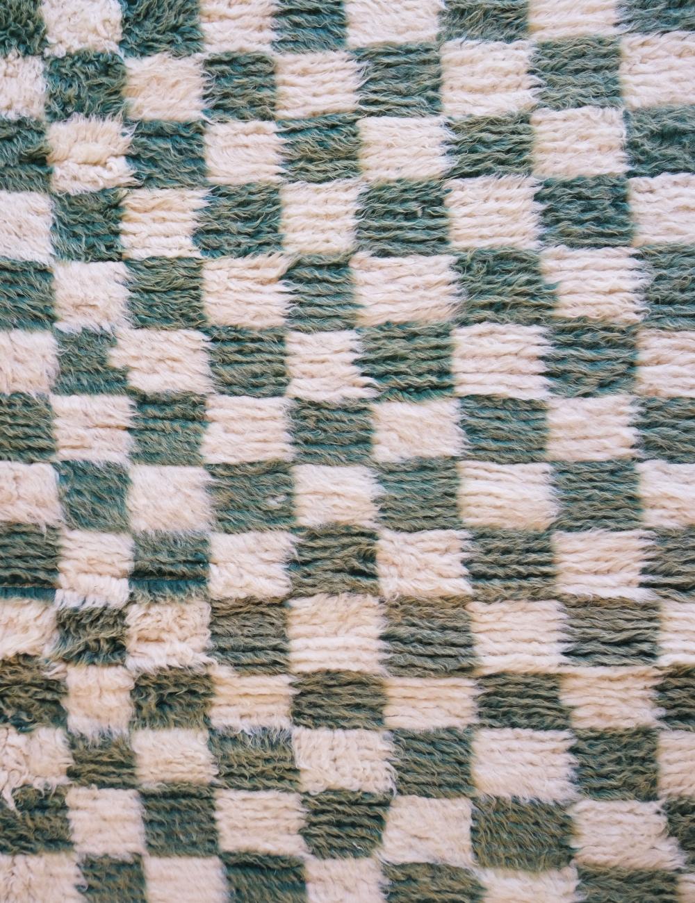 Green Checkered Wool Rug 7 x 6.3 ft / 212 x 193 cm