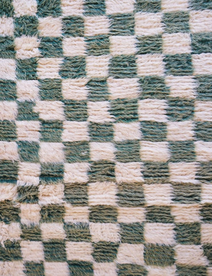 Green Checkered Wool Rug 7 x 6.3 ft / 212 x 193 cm