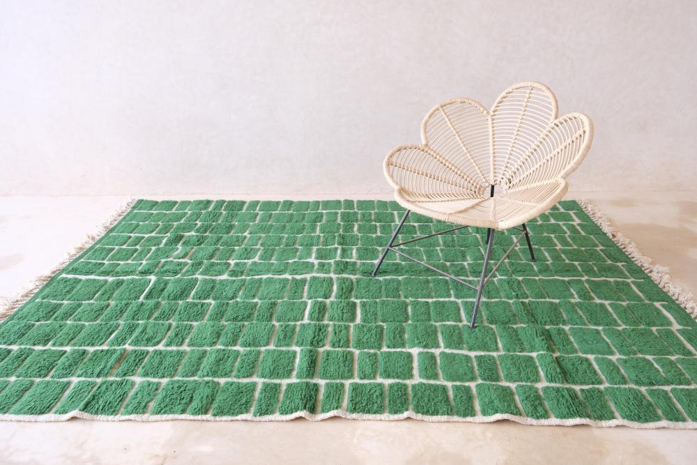 Moroccan Green Checkered Wool Rug 9.4 x 6.5 ft / 288 x 200 cm