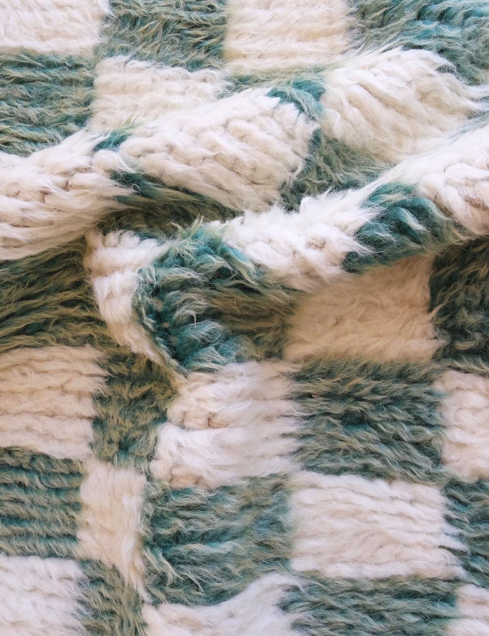 Green Checkered Wool Rug 7 x 6.3 ft / 212 x 193 cm