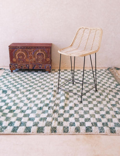 Green Checkered Wool Rug 7 x 6.3 ft / 212 x 193 cm