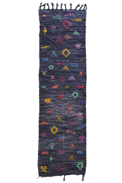Moroccan Modern Black kilim runner rug 8.7 x 2.4 ft / 266 x 76 cm - Surcoma