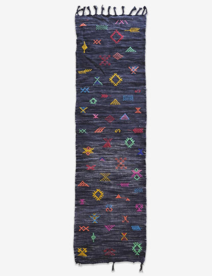 Moroccan Modern Black kilim runner rug 8.7 x 2.4 ft / 266 x 76 cm