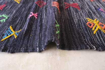 Moroccan Modern Black kilim runner rug 8.7 x 2.4 ft / 266 x 76 cm - Surcoma