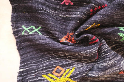 Moroccan Modern Black kilim runner rug 8.7 x 2.4 ft / 266 x 76 cm - Surcoma