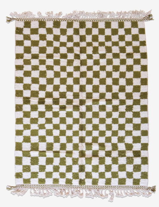 Olive Green Custom Checkered Moroccan Carpet - Forma 52