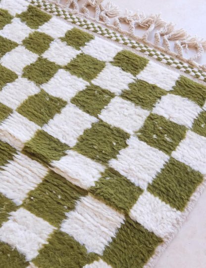 Olive Green Custom Checkered Moroccan Carpet - Forma 52