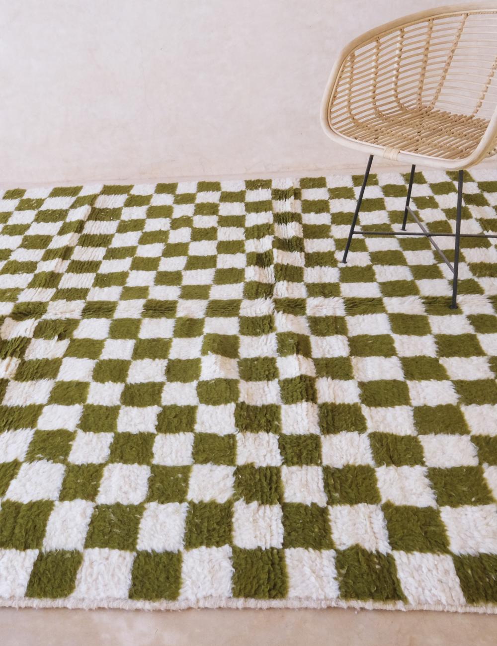 Olive Green Custom Checkered Moroccan Carpet - Forma 52