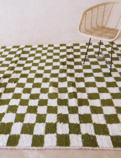 Olive Green Custom Checkered Moroccan Carpet - Forma 52