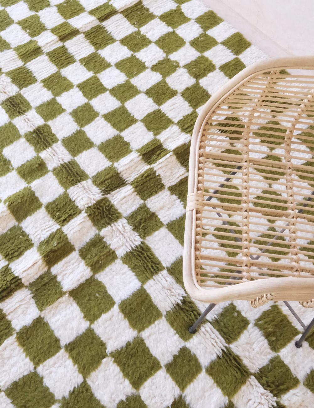 Olive Green Custom Checkered Moroccan Carpet - Forma 52