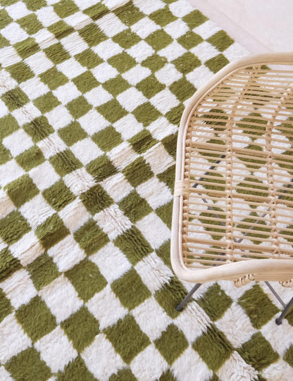Olive Green Custom Checkered Moroccan Carpet - Forma 52