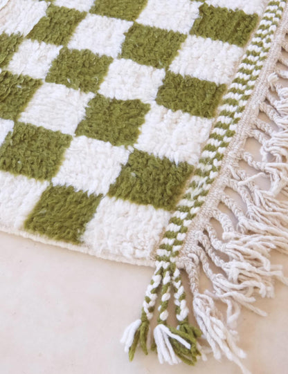 Olive Green Custom Checkered Moroccan Carpet - Forma 52