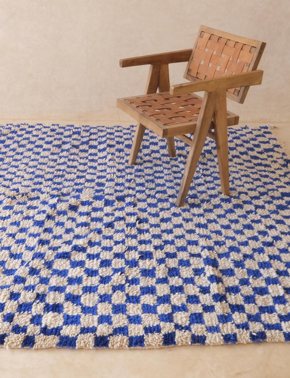 Moroccan Square Blue Checkered Rug 6.9 x 6.7 ft / 211 x 206 cm