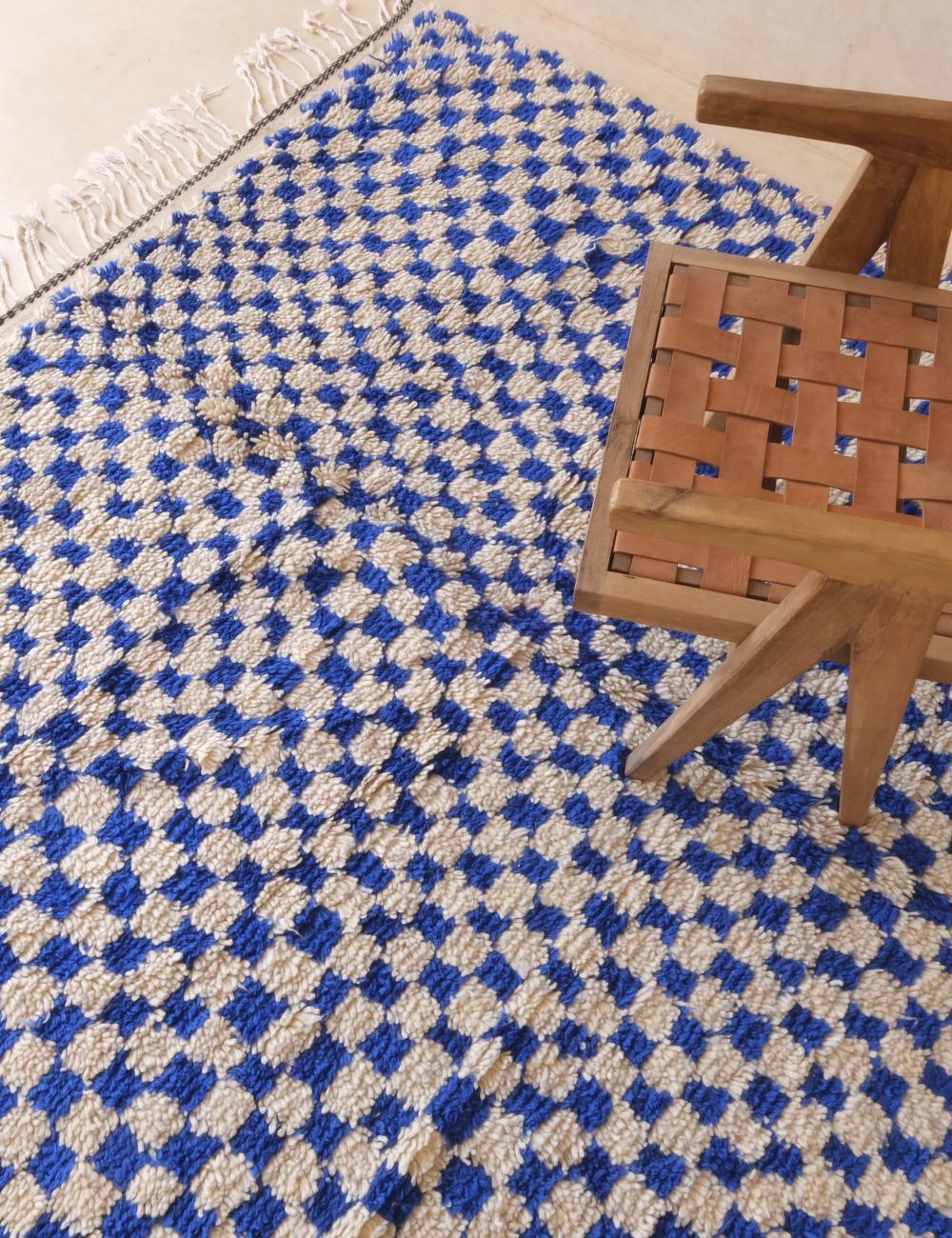 Moroccan Square Blue Checkered Rug 6.9 x 6.7 ft / 211 x 206 cm