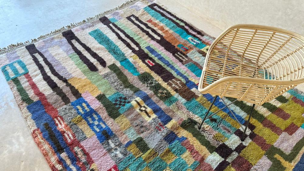 Colorful Moroccan Mrirt rug, handwoven from wool, 9.5 x 7.1 ft, Berber geometric design