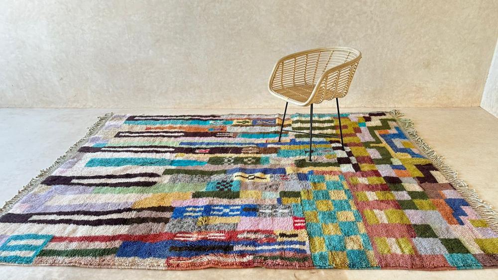 Colorful Moroccan Mrirt rug, handwoven from wool, 9.5 x 7.1 ft, Berber geometric design