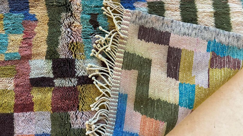Colorful Moroccan Mrirt rug, handwoven from wool, 9.5 x 7.1 ft, Berber geometric design