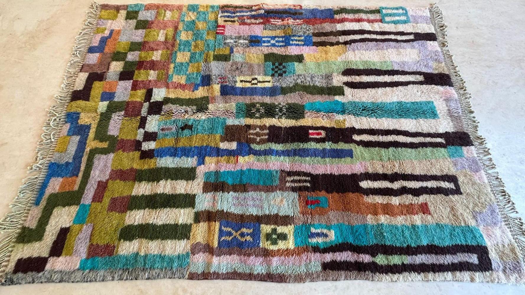 Colorful Moroccan Mrirt rug, handwoven from wool, 9.5 x 7.1 ft, Berber geometric design