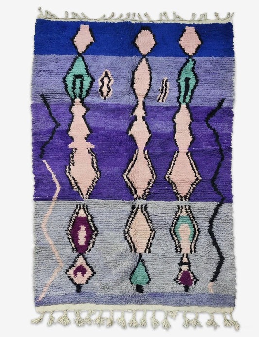 Blue Purple Totem Figure Boujad Wool Rug 9.7 x 5.91 ft / 296 x 180 cm