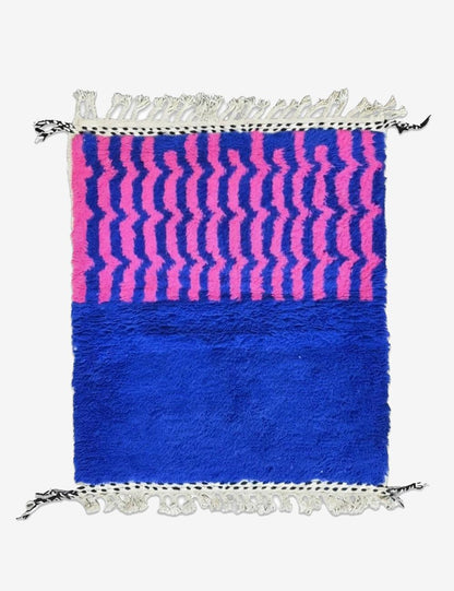 Handwoven Cobalt Blue Pink Wavy Stripe Boujad Area Rug 4.9 x 4.27 ft / 150 x 130 cm