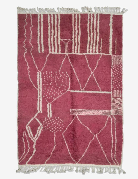 Raspberry Pink Freehand Linework Boujad Wool Rug 7.6 x 4.92 ft / 232 x 150 cm
