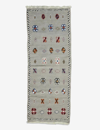 Flatwoven Tribal Symbol Motif Boujad Wool Runner 6.1 x 2.33 ft / 187 x 71 cm