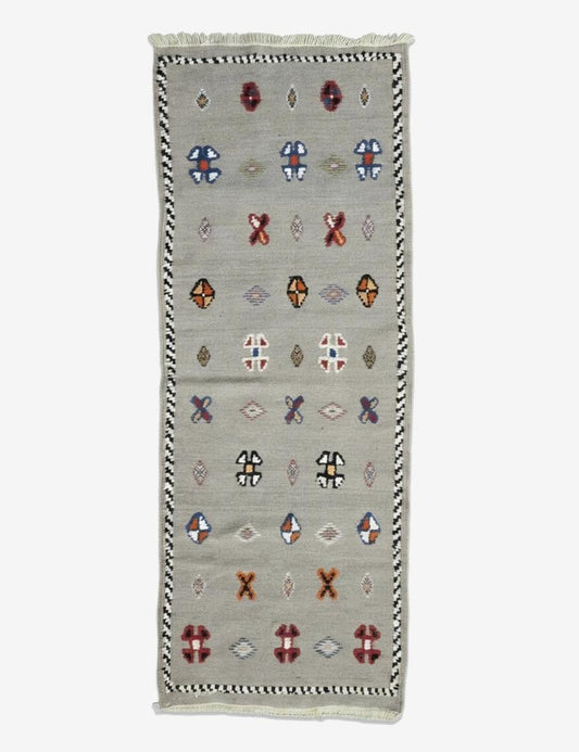 Flatwoven Tribal Symbol Motif Boujad Wool Runner 6.1 x 2.33 ft / 187 x 71 cm