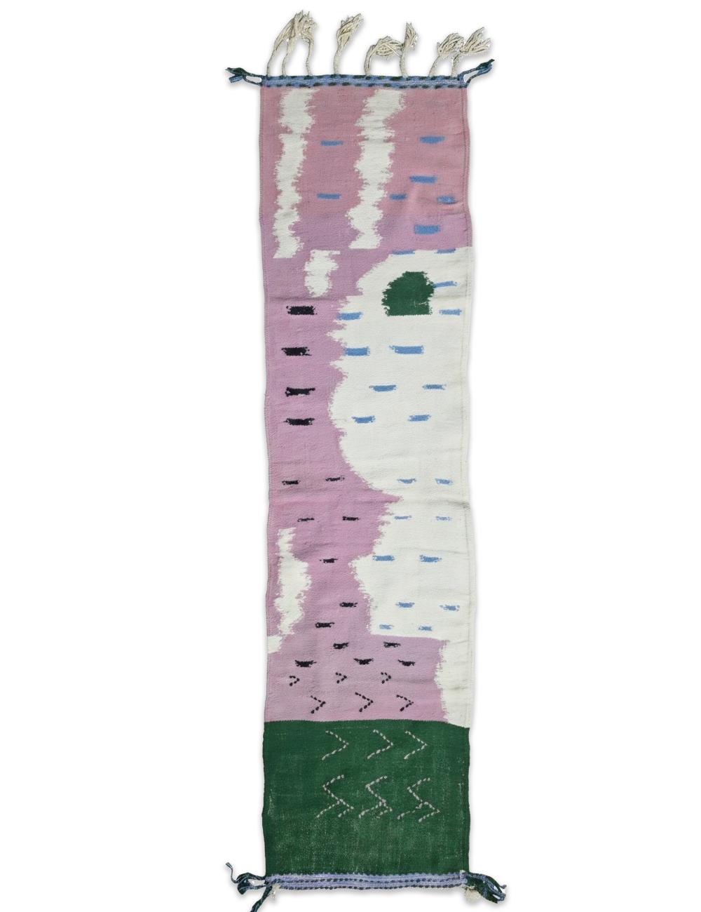 Abstract Color Block Lavender Green Modern Boujad Wool Runner Rug 9.4 x 2.36 ft / 288 x 72 cm