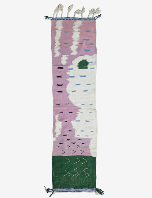 Abstract Color Block Lavender Green Modern Boujad Wool Runner Rug 9.4 x 2.36 ft / 288 x 72 cm