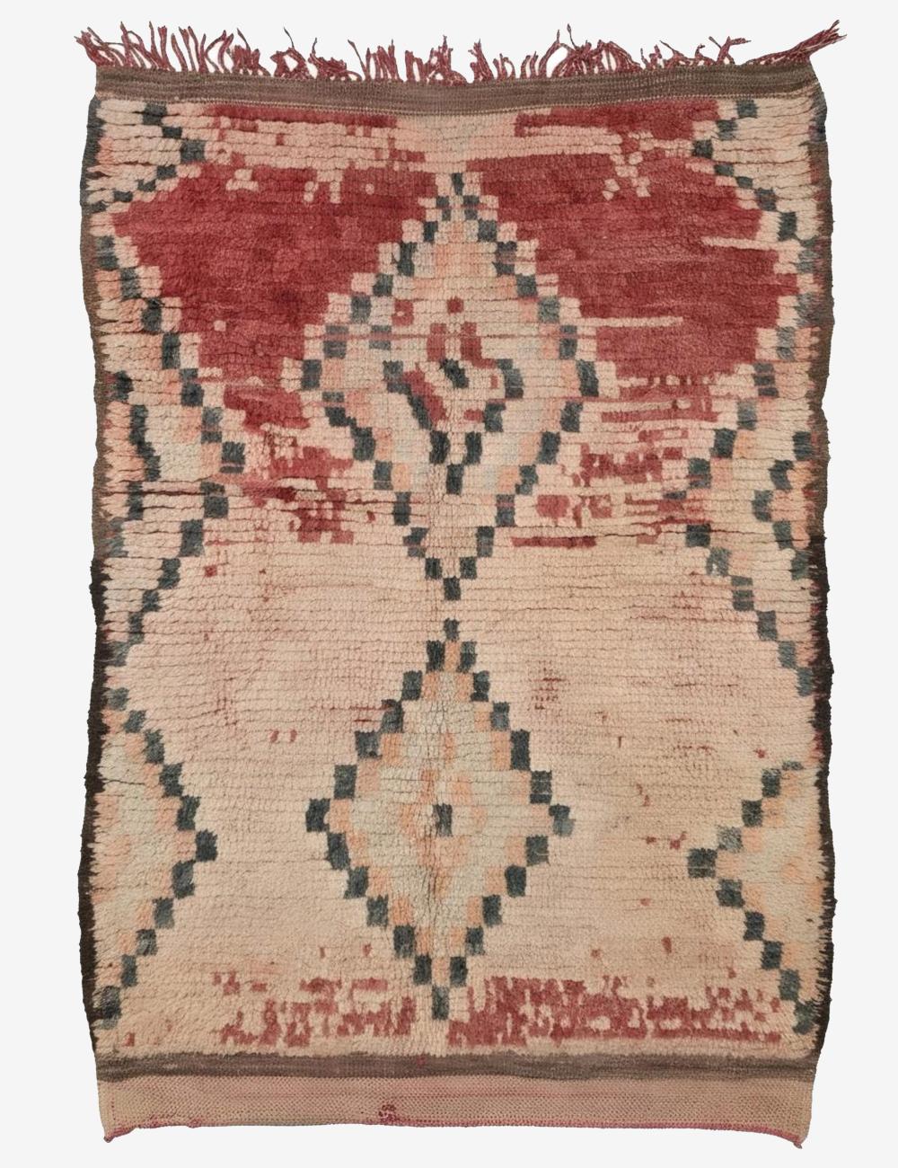 Vintage Boujad Wool Rug Red Cloud Medallion Diamond Lattice 4.6 x 2.95 ft / 139 x 90 cm