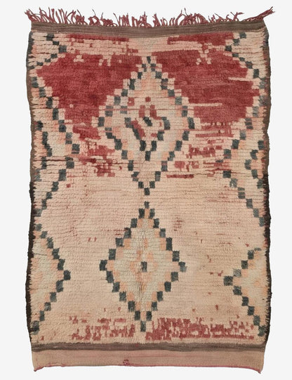Vintage Boujad Wool Rug Red Cloud Medallion Diamond Lattice 4.6 x 2.95 ft / 139 x 90 cm