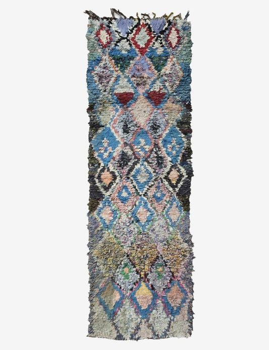 Handmade Boucherouite Diamond Runner Rug 8.5 x 2.66 ft / 260 x 81 cm