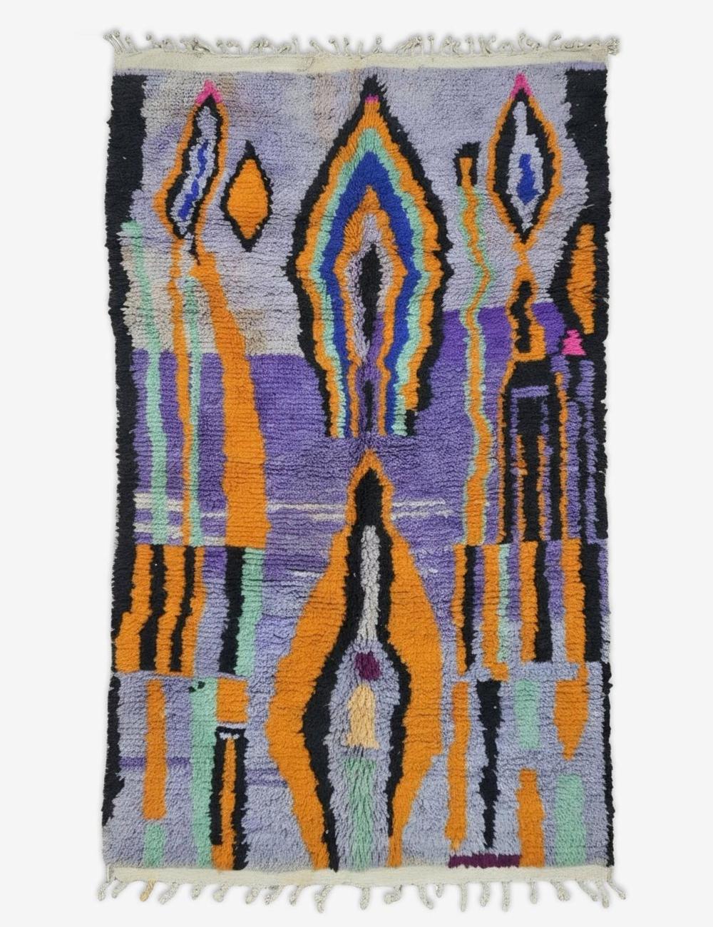 Lavender Orange Cobalt Flame Motif Boujad Wool Rug 9.5 x 5.71 ft / 291 x 174 cm