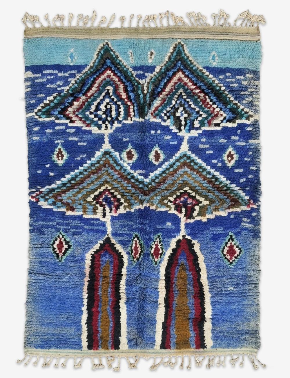 Royal Blue Mirrored Chevron Peak Boujad Wool Rug 8.1 x 6.76 ft / 247 x 206 cm