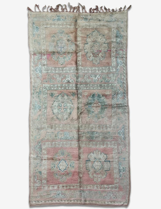 Vintage Middle Atlas Dusty Rose Six Rosette Medallion Handwoven Wool Rug 12.3 x 6.1 ft / 376 x 186 cm