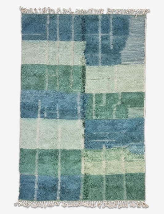 Handwoven Boujad Wool Rug Blue Green Patchwork 11.5 x 8.07 ft / 349 x 246 cm