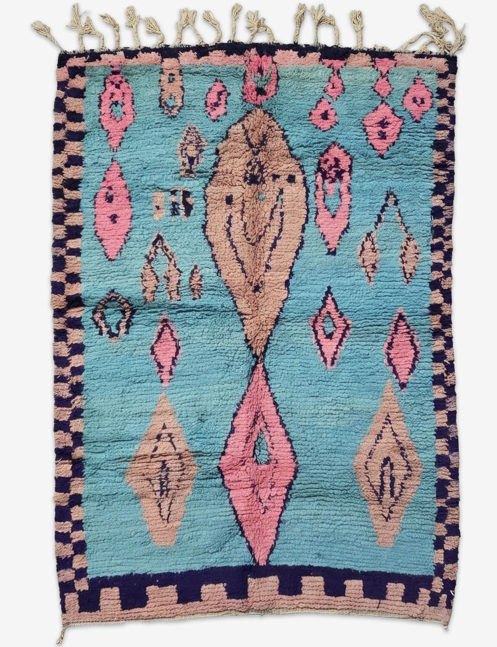 Turquoise Pink Diamond Motif Boujad Wool Rug 8.9 x 6.23 ft / 272 x 190 cm
