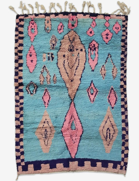 Turquoise Pink Diamond Motif Boujad Wool Rug 8.9 x 6.23 ft / 272 x 190 cm