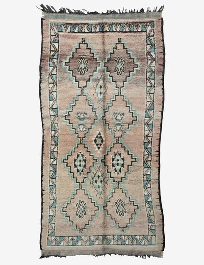 Vintage Middle Atlas Faded Peach Teal Stepped Diamond Medallion Handwoven Wool Rug 11.7 x 5.31 ft / 358 x 162 cm