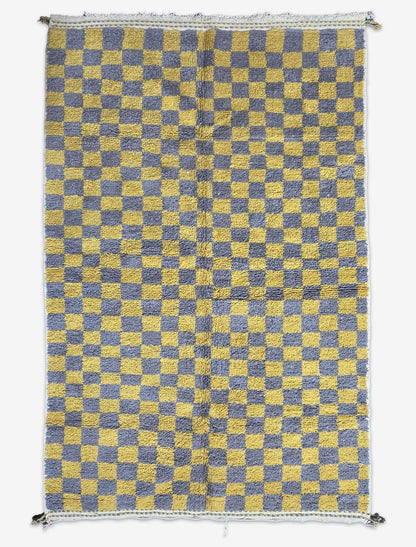 Mustard Yellow Grey Checkerboard Boujad Wool Rug 9.7 x 6.56 ft / 297 x 200 cm