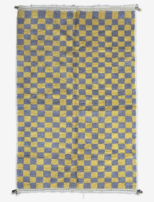 Mustard Yellow Grey Checkerboard Boujad Wool Rug 9.7 x 6.56 ft / 297 x 200 cm